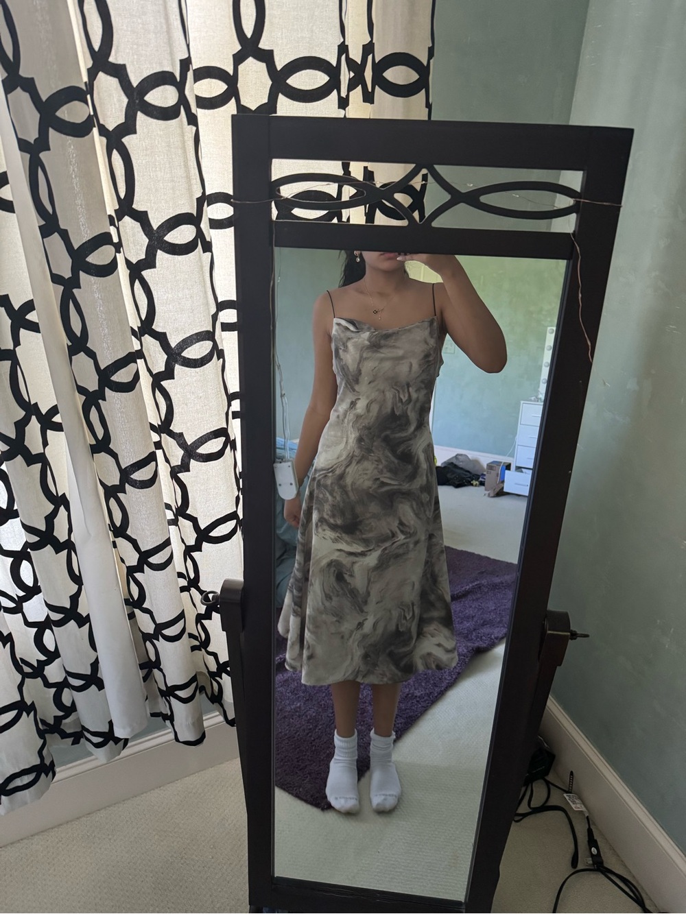 Amazon Marble-Print Midi Slip Dress in Black and White